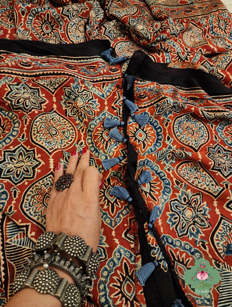 Madder Red Ajrakh Modal Silk Saree With Skirt Border 11