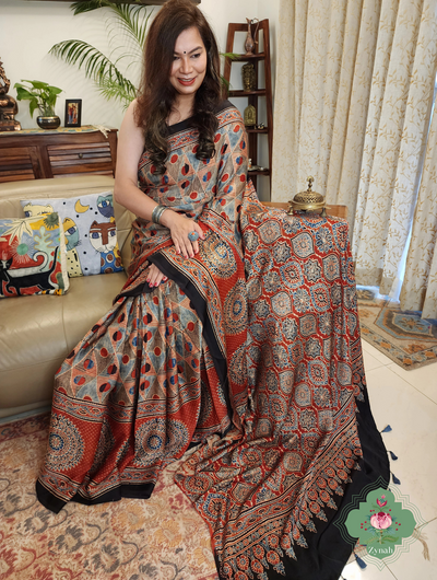 Zynah Madder Red Ajrakh Modal Silk Saree With Skirt Border, Crafted Using The Traditional Method Of Hand Block Printing Using 100% Natural Dyes; Custom Stitched/Ready-made Blouse, Fall, Petticoat; SKU: 2001202405