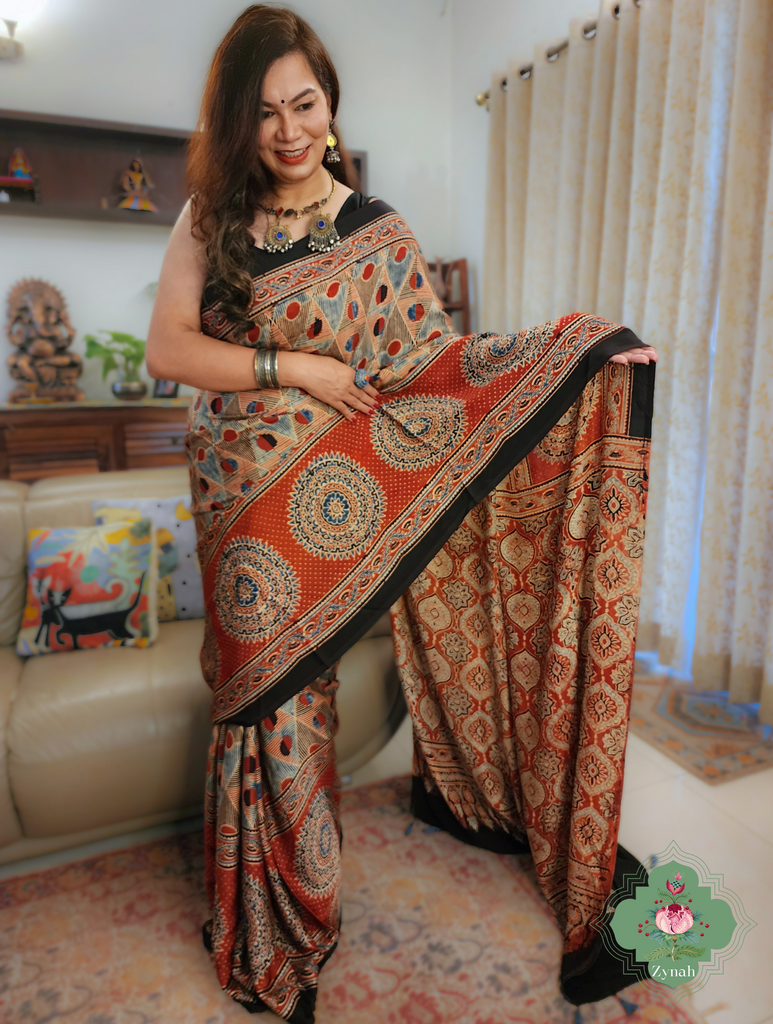Madder Red Ajrakh Modal Silk Saree With Skirt Border 3