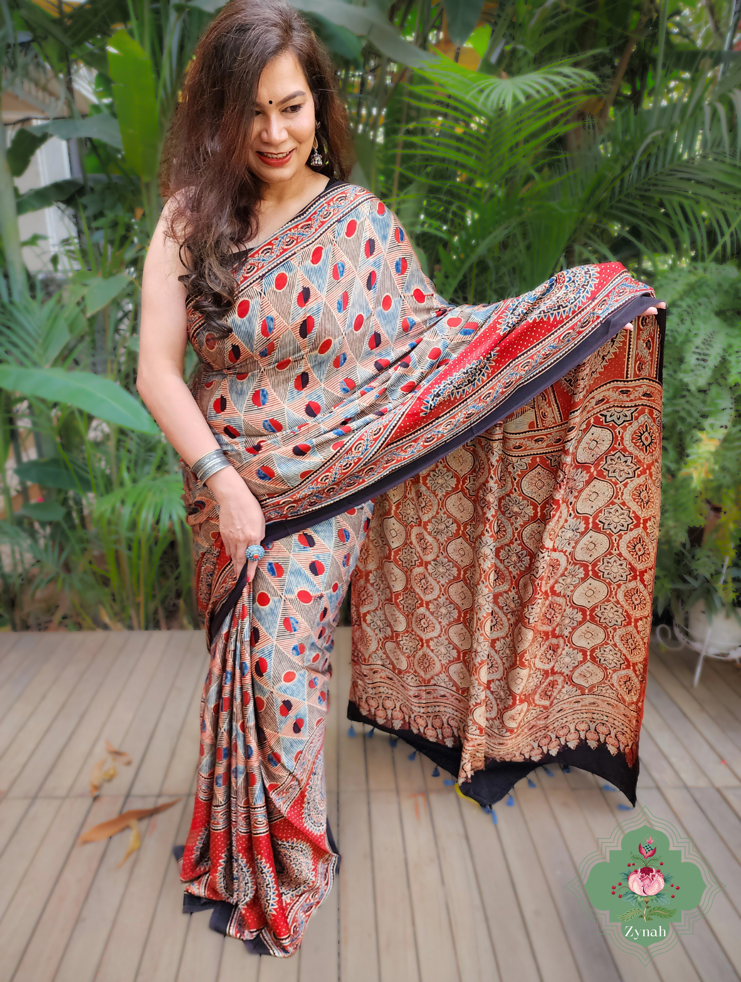 Madder Red Ajrakh Modal Silk Saree With Skirt Border 4