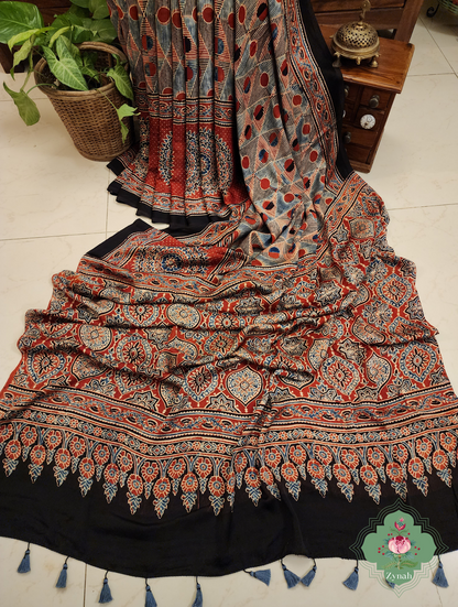 Madder Red Ajrakh Modal Silk Saree With Skirt Border 7