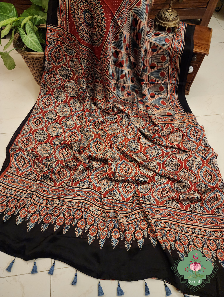 Madder Red Ajrakh Modal Silk Saree With Skirt Border 8