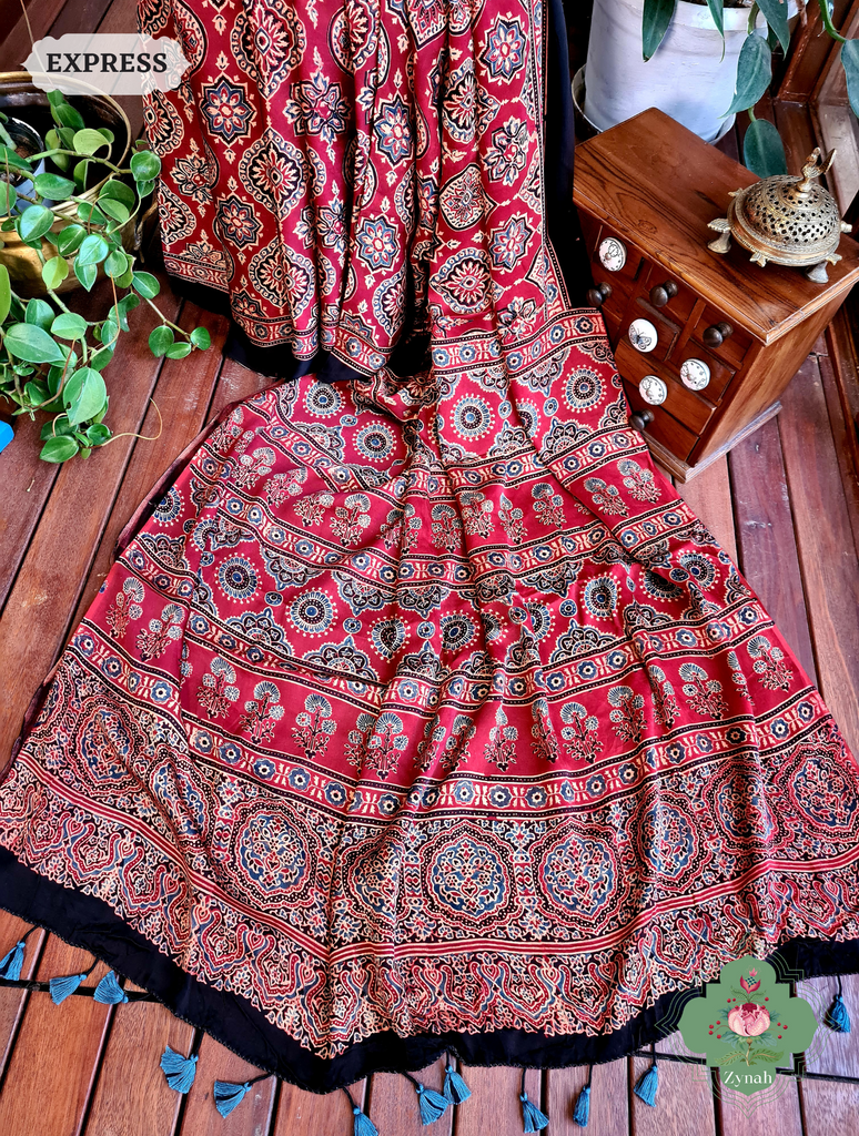 Madder Red Modal Silk Ajrakh Saree Front View. Natural Dyes, Beautiful Block Motifs