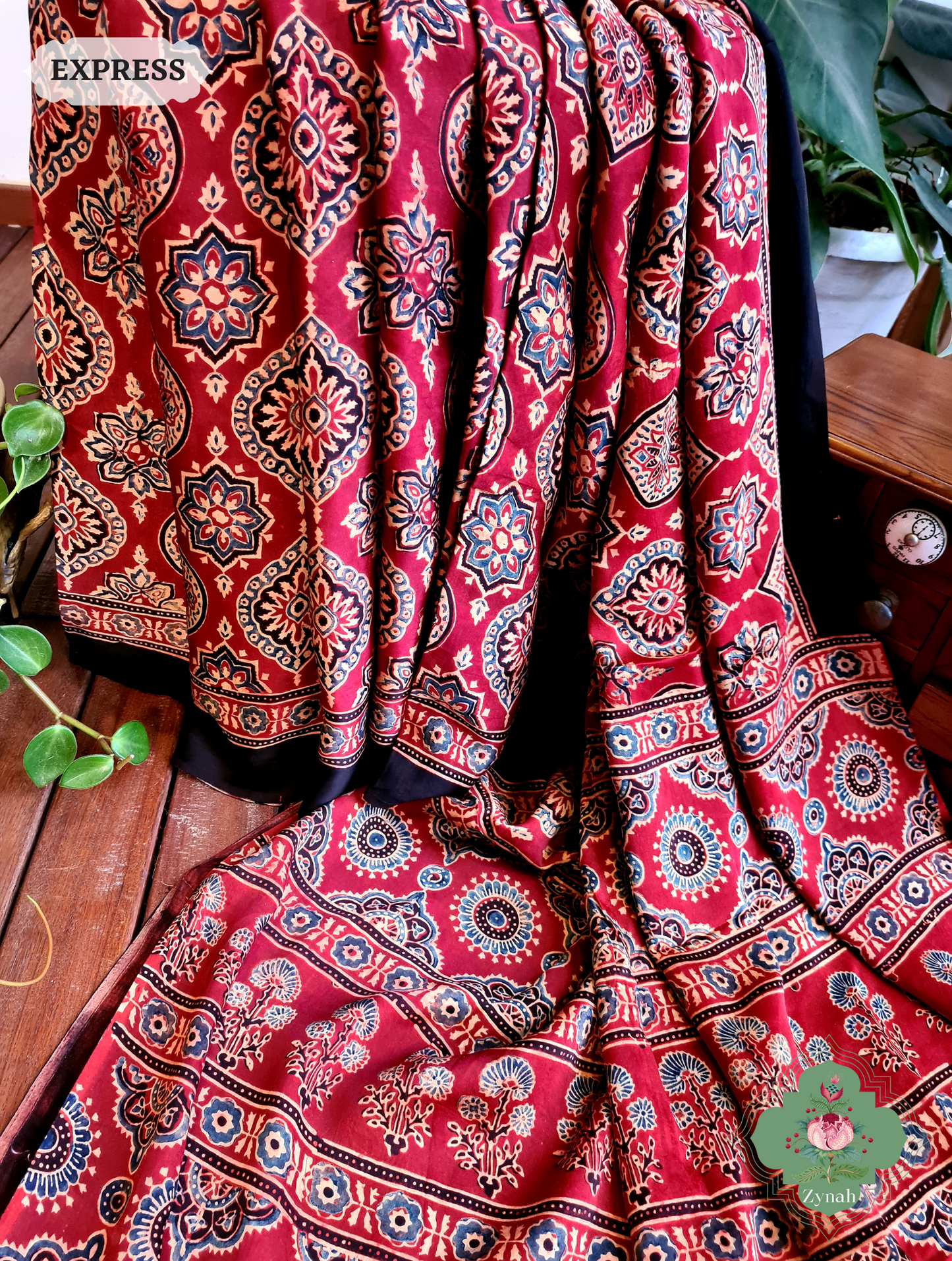 Zynah Madder Red Modal Silk Ajrakh Saree; Custom Stitched/Ready-made Blouse, Fall, Petticoat; SKU: 0809202301
