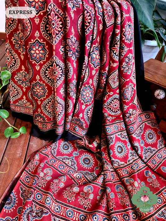 Zynah Madder Red Modal Silk Ajrakh Saree; Custom Stitched/Ready-made Blouse, Fall, Petticoat; SKU: 0809202301