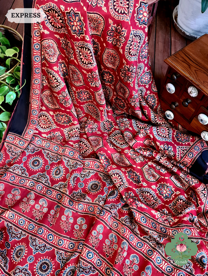 Zynah Madder Red Modal Silk Ajrakh Saree; Custom Stitched/Ready-made Blouse, Fall, Petticoat; SKU: 0809202301