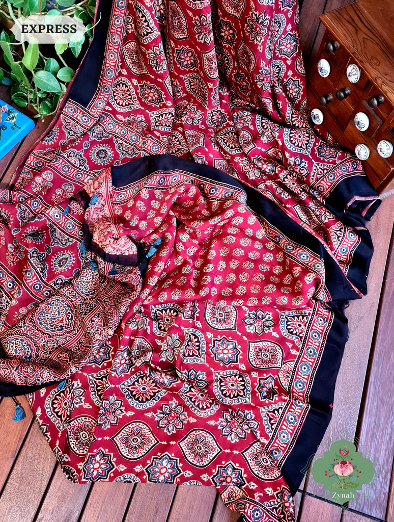 Zynah Madder Red Modal Silk Ajrakh Saree; Custom Stitched/Ready-made Blouse, Fall, Petticoat; SKU: 0809202301