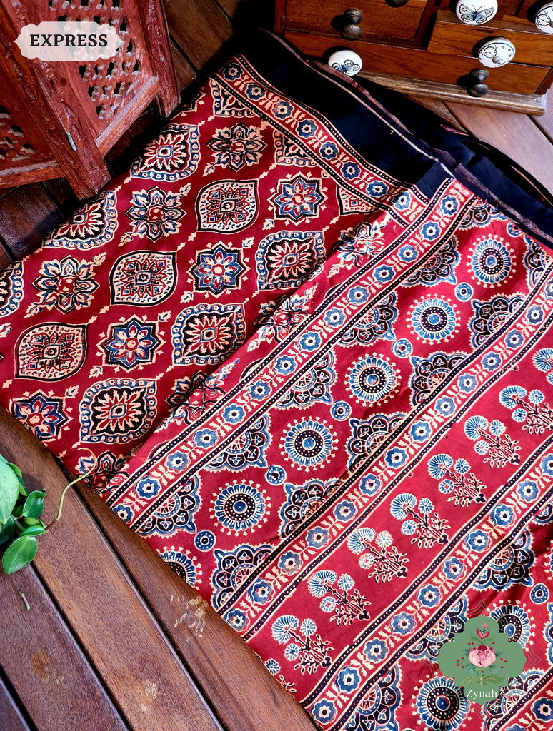 Zynah Madder Red Modal Silk Ajrakh Saree; Custom Stitched/Ready-made Blouse, Fall, Petticoat; SKU: 0809202301