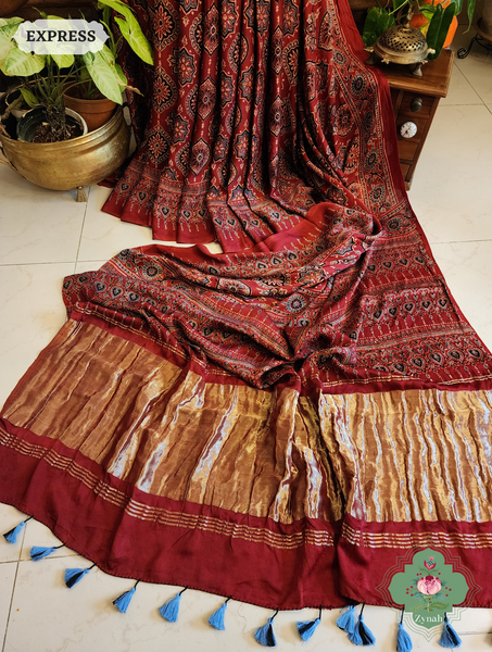 Madder Red Modal Silk Ajrakh Saree, Natural dye, beautiful  motifs, Zari Border on Pallu