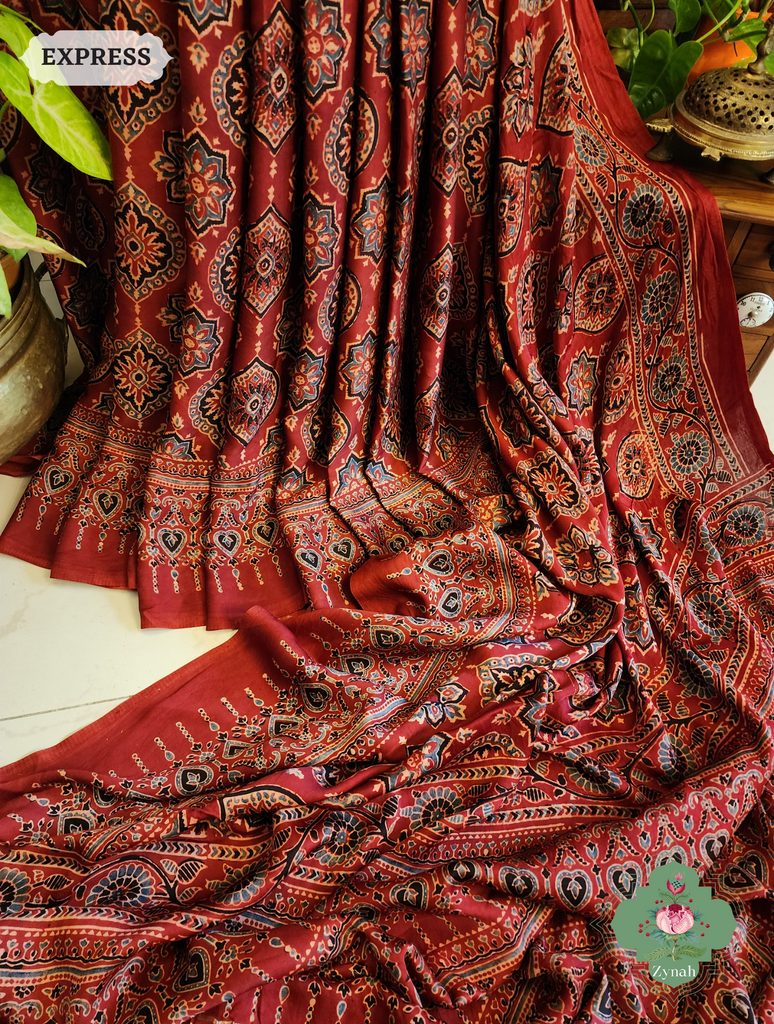 Zynah Madder Red Modal Silk Ajrakh Saree With Zari Lagdi  Patta on Pallu; Custom Stitched/Ready-made Blouse, Fall, Petticoat; SKU: 0809202302