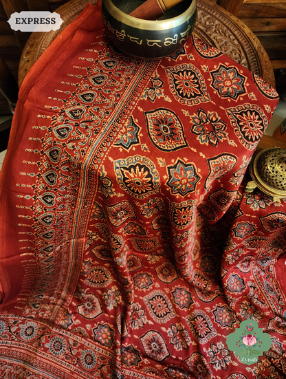 Zynah Madder Red Modal Silk Ajrakh Saree With Zari Lagdi  Patta on Pallu; Custom Stitched/Ready-made Blouse, Fall, Petticoat; SKU: 0809202302