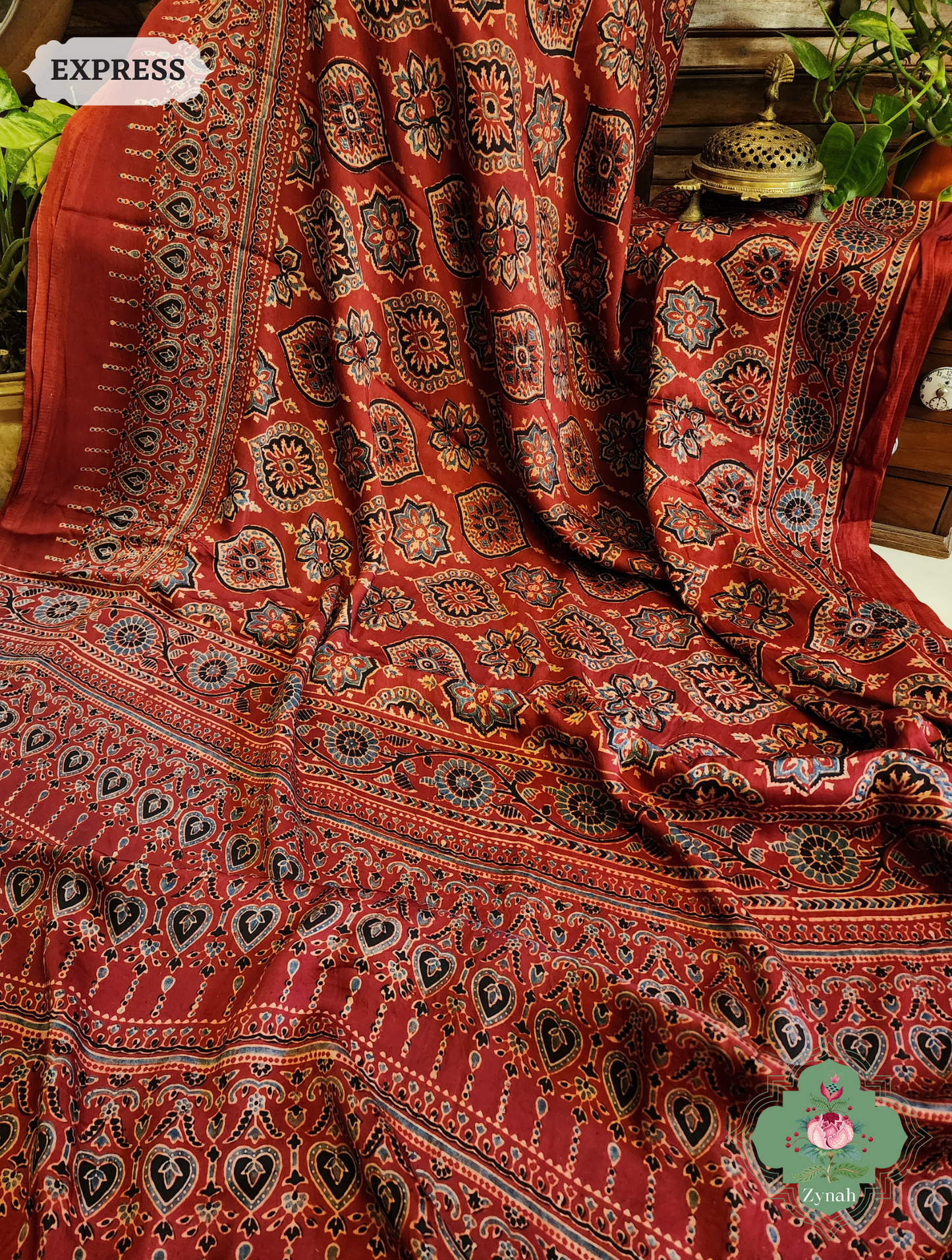 Zynah Madder Red Modal Silk Ajrakh Saree With Zari Lagdi  Patta on Pallu; Custom Stitched/Ready-made Blouse, Fall, Petticoat; SKU: 0809202302