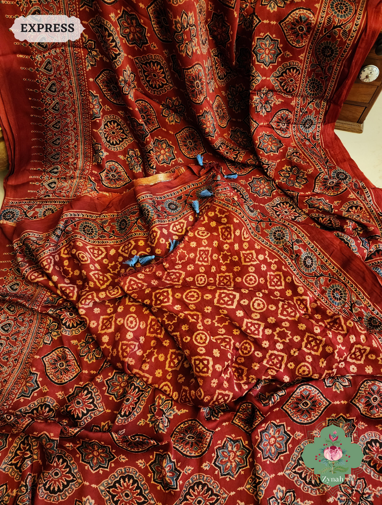 Zynah Madder Red Modal Silk Ajrakh Saree With Zari Lagdi  Patta on Pallu; Custom Stitched/Ready-made Blouse, Fall, Petticoat; SKU: 0809202302