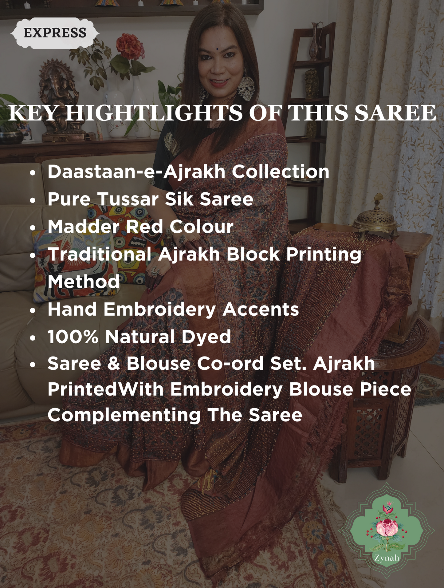 Madder Red Ajrakh Pure Tussar Silk Saree, 100% Natural Dyed & Embroidery hightlights