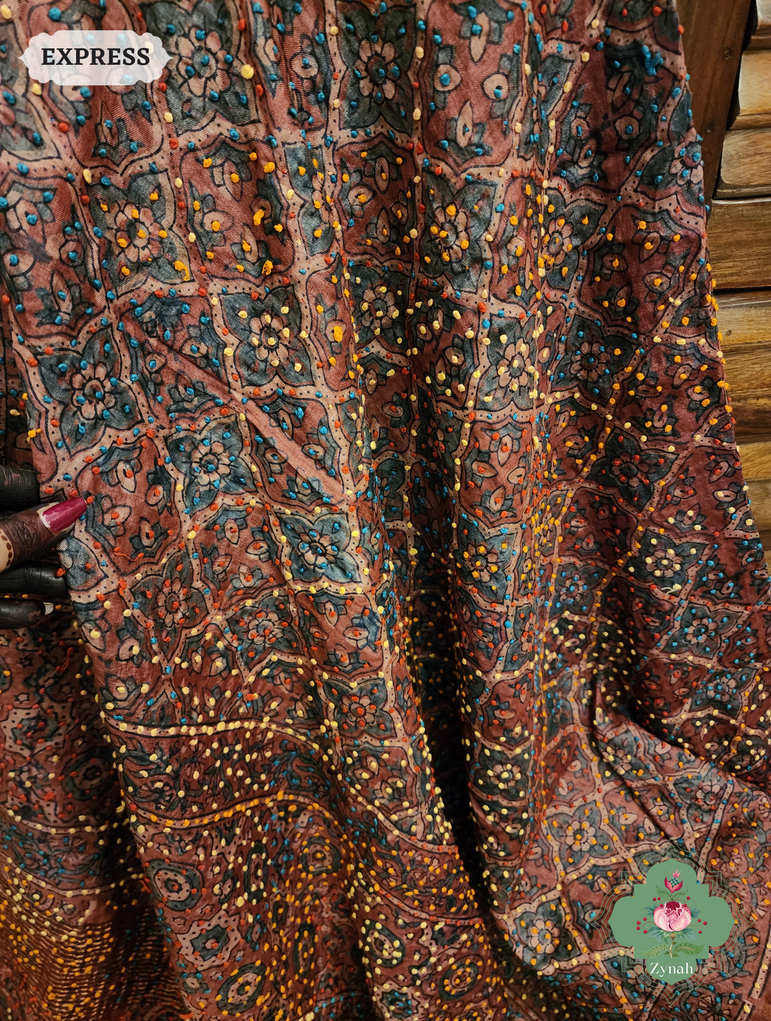 Madder Red Ajrakh Pure Tussar Silk Saree, 100% Natural Dyed & Embroidery hightlights