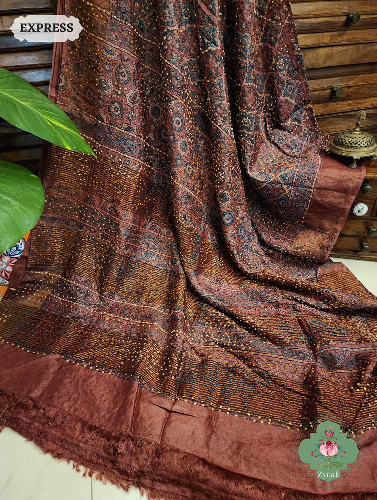 Madder Red Ajrakh Pure Tussar Silk Saree, 100% Natural Dyed & Embroidery hightlightsMadder Red Ajrakh Pure Tussar Silk Saree, 100% Natural Dyed & Embroidery hightlights