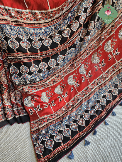 Zynah Siahra – Madder Red & Black Pure Modal Silk Ajrakh Saree with Ajrakh Hand Block Printing & Artisan Embellishments