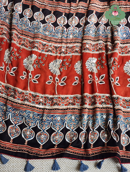 Zynah Siahra – Madder Red & Black Pure Modal Silk Ajrakh Saree with Ajrakh Hand Block Printing & Artisan Embellishments