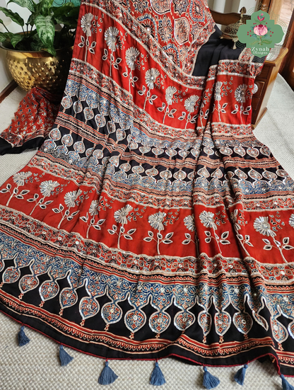 Zynah Siahra – Madder Red & Black Pure Modal Silk Ajrakh Saree with Ajrakh Hand Block Printing & Artisan Embellishments