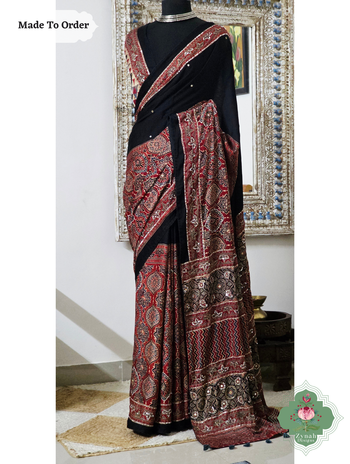 Zynah Made To Order Madder Red & Black Ajrakh Modal Silk Saree With Hand Embellishments; Custom Stitched/Ready-made Blouse, Fall, Petticoat; SKU:1909202509