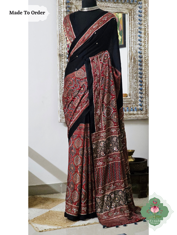 Zynah Made To Order Madder Red & Black Ajrakh Modal Silk Saree With Hand Embellishments; Custom Stitched/Ready-made Blouse, Fall, Petticoat; SKU:1909202509