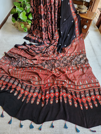 Zynah Madder Red & Black Ajrakh Modal Silk Saree With Sequins Highlight Crafted Using The Traditional Method Of Hand Block Printing Using 100% Natural Dyes; Custom Stitched/Ready-made Blouse, Fall, Petticoat; SKU: 1402202506