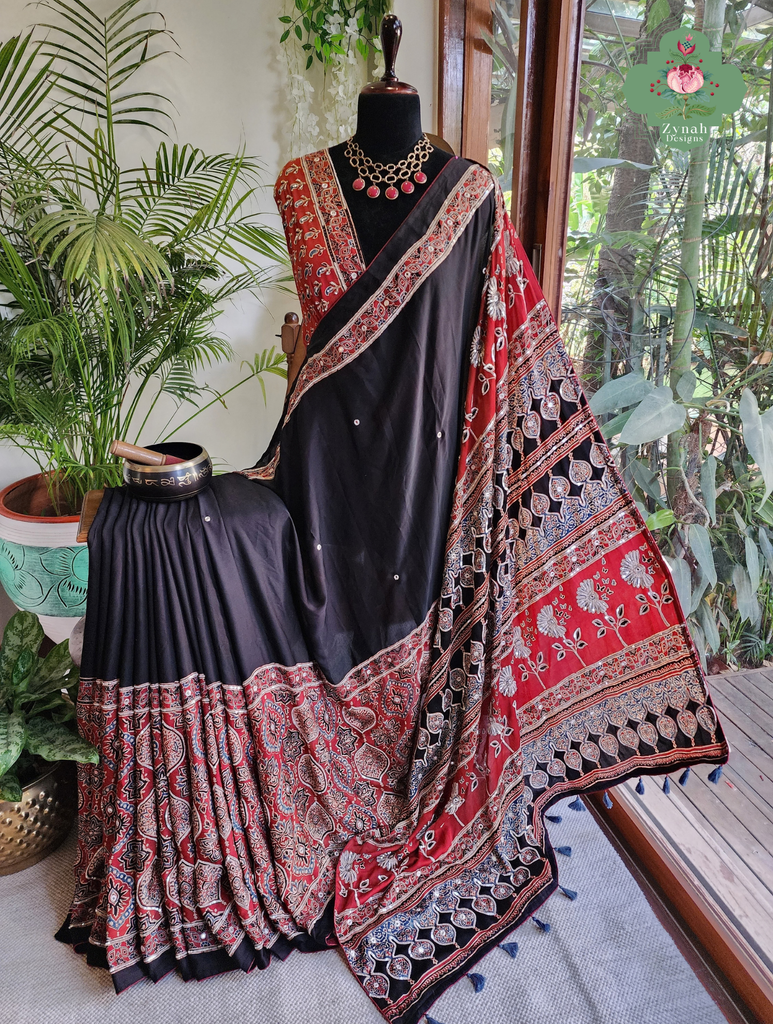 Zynah Made To Order Madder Red & Black Ajrakh Modal Silk Saree With Hand Embellishments; Custom Stitched/Ready-made Blouse, Fall, Petticoat; SKU:1103202601