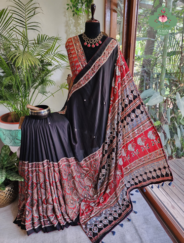 Zynah Made To Order Madder Red & Black Ajrakh Modal Silk Saree With Hand Embellishments; Custom Stitched/Ready-made Blouse, Fall, Petticoat; SKU:1103202601