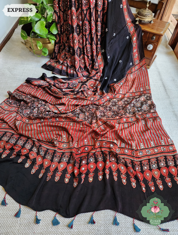 Zynah Madder Red & Black Ajrakh Modal Silk Saree With Sequins Highlight Crafted Using The Traditional Method Of Hand Block Printing Using 100% Natural Dyes; Custom Stitched/Ready-made Blouse, Fall, Petticoat; SKU: 1402202506