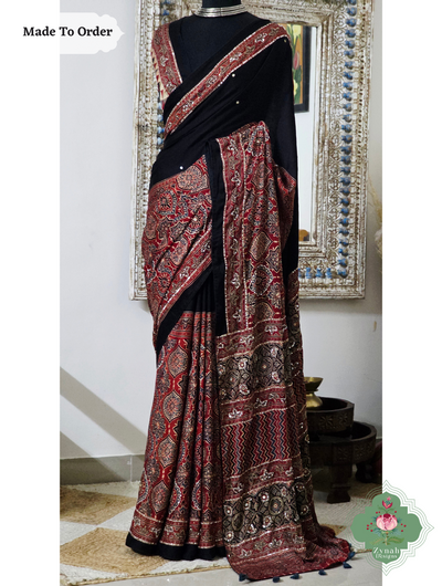 Zynah Made To Order Madder Red & Black Ajrakh Modal Silk Saree With Hand Embellishments; Custom Stitched/Ready-made Blouse, Fall, Petticoat; SKU:1909202509