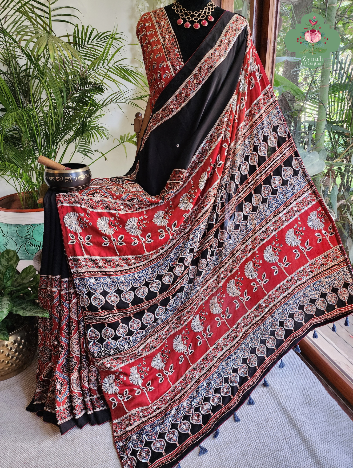 Zynah Made To Order Madder Red & Black Ajrakh Modal Silk Saree With Hand Embellishments; Custom Stitched/Ready-made Blouse, Fall, Petticoat; SKU:1103202601