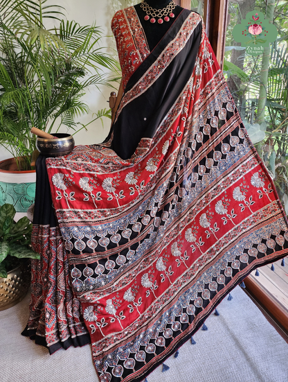 Zynah Siahra – Madder Red & Black Pure Modal Silk Ajrakh Saree with Ajrakh Hand Block Printing & Artisan Embellishments