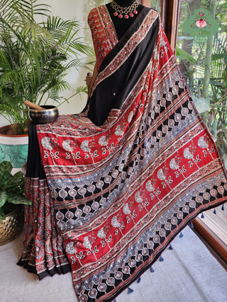 Zynah Made To Order Madder Red & Black Ajrakh Modal Silk Saree With Hand Embellishments; Custom Stitched/Ready-made Blouse, Fall, Petticoat; SKU:1103202601