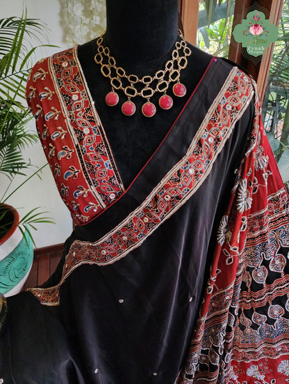 Zynah Siahra – Madder Red & Black Pure Modal Silk Ajrakh Saree with Ajrakh Hand Block Printing & Artisan Embellishments
