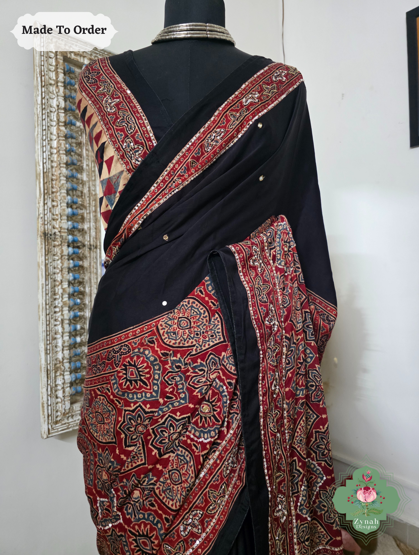 Zynah Made To Order Madder Red & Black Ajrakh Modal Silk Saree With Hand Embellishments; Custom Stitched/Ready-made Blouse, Fall, Petticoat; SKU:1909202509