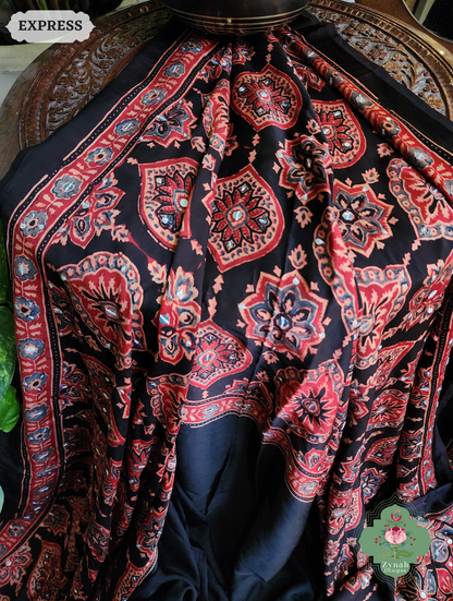 Zynah Madder Red & Black Ajrakh Modal Silk Saree With Sequins Highlight Crafted Using The Traditional Method Of Hand Block Printing Using 100% Natural Dyes; Custom Stitched/Ready-made Blouse, Fall, Petticoat; SKU: 1402202506