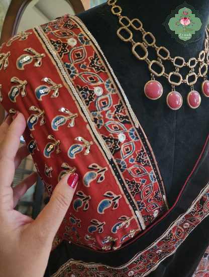 Zynah Siahra – Madder Red & Black Pure Modal Silk Ajrakh Saree with Ajrakh Hand Block Printing & Artisan Embellishments
