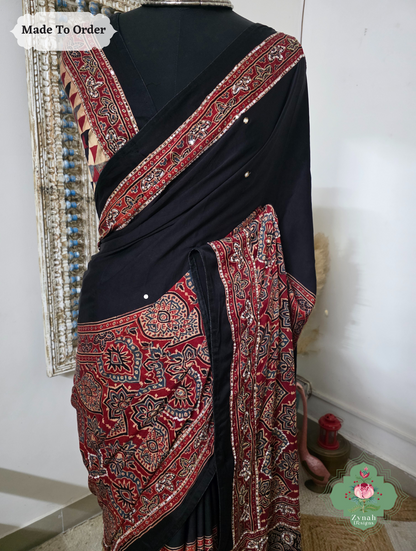 Zynah Made To Order Madder Red & Black Ajrakh Modal Silk Saree With Hand Embellishments; Custom Stitched/Ready-made Blouse, Fall, Petticoat; SKU:1909202509