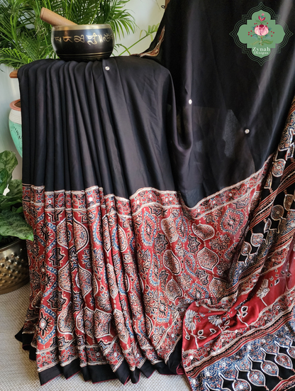Zynah Siahra – Madder Red & Black Pure Modal Silk Ajrakh Saree with Ajrakh Hand Block Printing & Artisan Embellishments