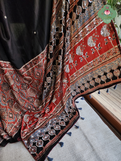 Zynah Siahra – Madder Red & Black Pure Modal Silk Ajrakh Saree with Ajrakh Hand Block Printing & Artisan Embellishments
