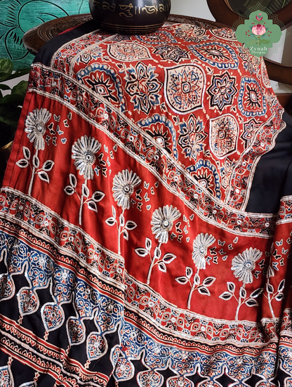 Zynah Siahra – Madder Red & Black Pure Modal Silk Ajrakh Saree with Ajrakh Hand Block Printing & Artisan Embellishments