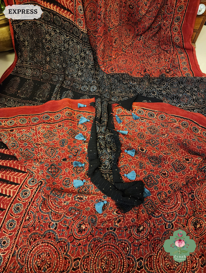 Zynah Madder Red & Black Hand-Block Printed Georgette Silk Ajrakh Saree with Sequins Highlight; Custom Stitched/Ready-made Blouse, Fall, Petticoat; SKU: 1004202503