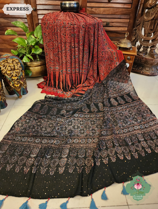 Zynah Madder Red & Black Hand-Block Printed Georgette Silk Ajrakh Saree with Sequins Highlight; Custom Stitched/Ready-made Blouse, Fall, Petticoat; SKU: 1004202503