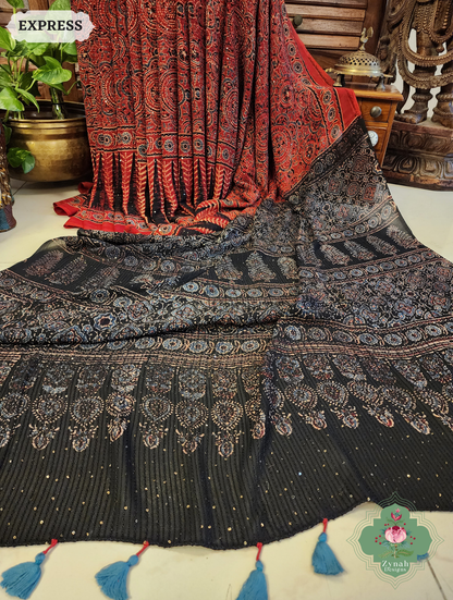 Zynah Madder Red & Black Hand-Block Printed Georgette Silk Ajrakh Saree with Sequins Highlight; Custom Stitched/Ready-made Blouse, Fall, Petticoat; SKU: 1004202503