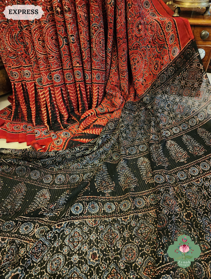 Zynah Madder Red & Black Hand-Block Printed Georgette Silk Ajrakh Saree with Sequins Highlight; Custom Stitched/Ready-made Blouse, Fall, Petticoat; SKU: 1004202503