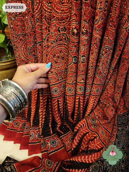 Zynah Madder Red & Black Hand-Block Printed Georgette Silk Ajrakh Saree with Sequins Highlight; Custom Stitched/Ready-made Blouse, Fall, Petticoat; SKU: 1004202503