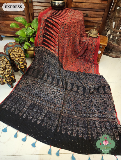 Zynah Madder Red & Black Hand-Block Printed Georgette Silk Ajrakh Saree with Sequins Highlight; Custom Stitched/Ready-made Blouse, Fall, Petticoat; SKU: 1004202503