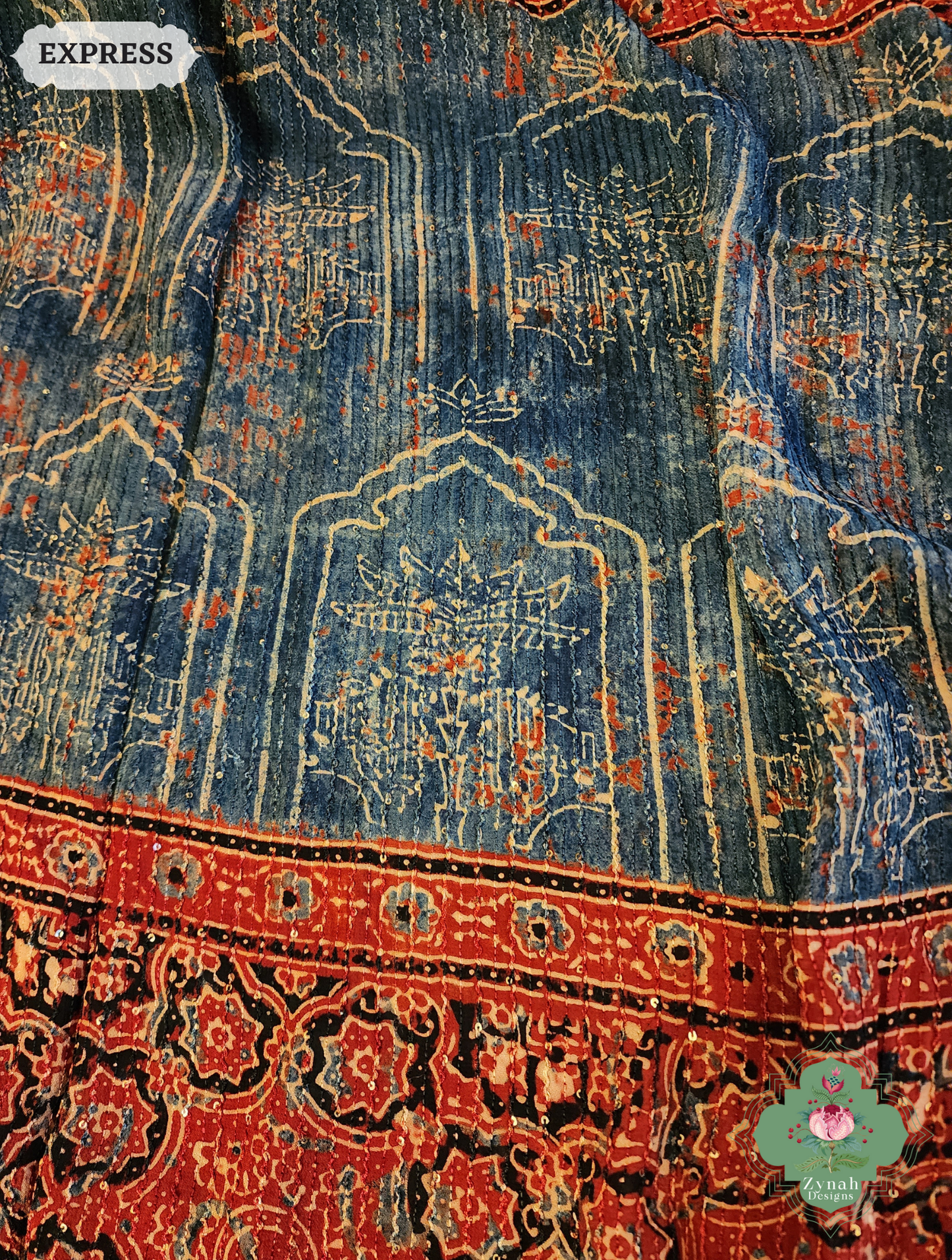 Zynah Madder Red & Indigo Hand-Block Printed Georgette Silk Ajrakh Saree with Sequins Highlight; Custom Stitched/Ready-made Blouse, Fall, Petticoat; SKU: 1004202504