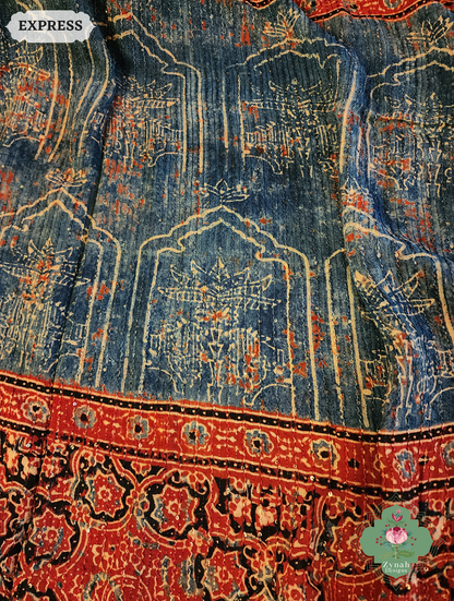 Zynah Madder Red & Indigo Hand-Block Printed Georgette Silk Ajrakh Saree with Sequins Highlight; Custom Stitched/Ready-made Blouse, Fall, Petticoat; SKU: 1004202504