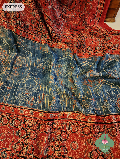 Zynah Madder Red & Indigo Hand-Block Printed Georgette Silk Ajrakh Saree with Sequins Highlight; Custom Stitched/Ready-made Blouse, Fall, Petticoat; SKU: 1004202504